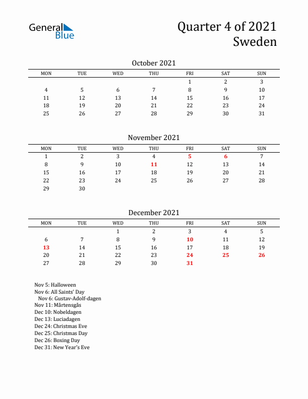 Quarter 4 2021 Sweden Quarterly Calendar