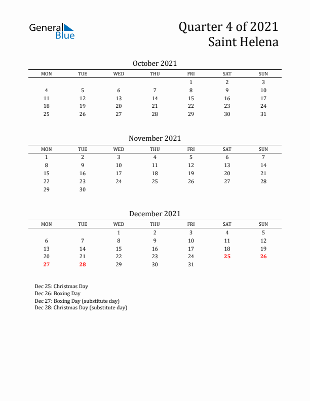 Quarter 4 2021 Saint Helena Quarterly Calendar