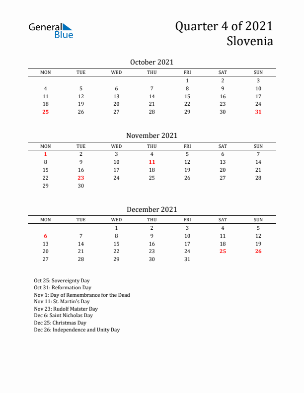 Quarter 4 2021 Slovenia Quarterly Calendar