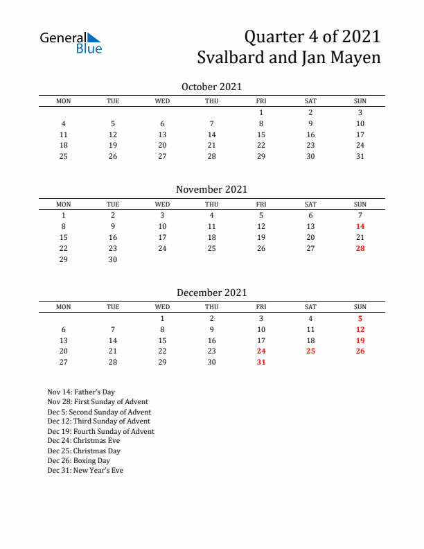 Quarter 4 2021 Svalbard and Jan Mayen Quarterly Calendar