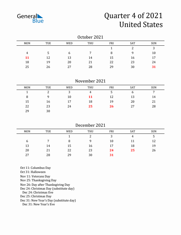 Quarter 4 2021 United States Quarterly Calendar