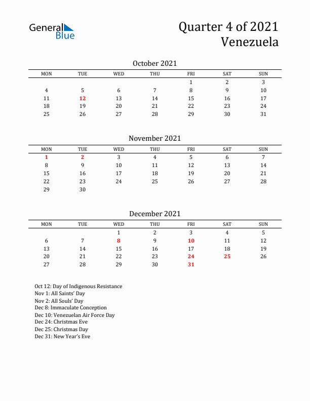 Quarter 4 2021 Venezuela Quarterly Calendar