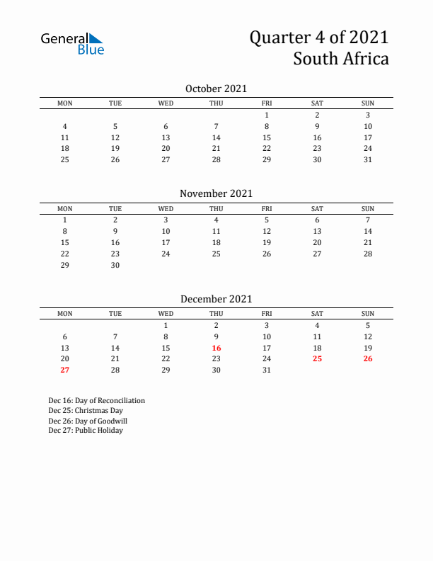 Quarter 4 2021 South Africa Quarterly Calendar