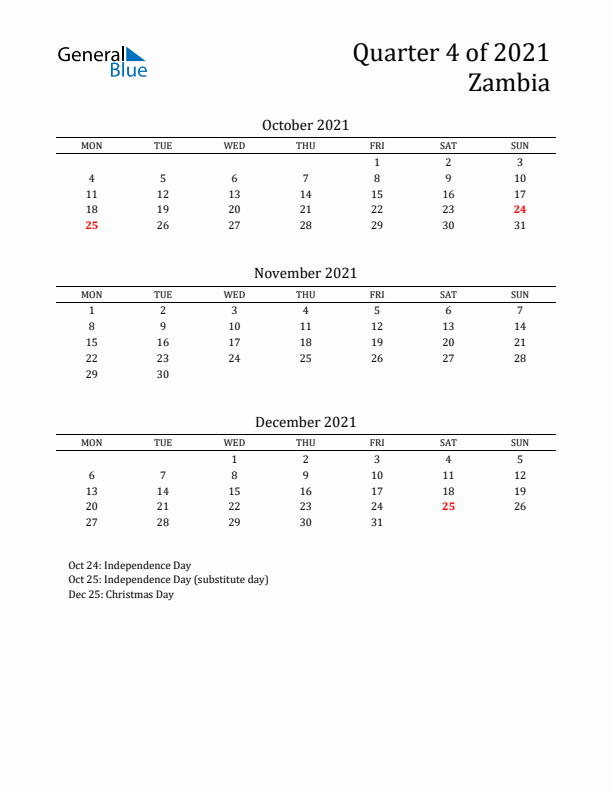 Quarter 4 2021 Zambia Quarterly Calendar