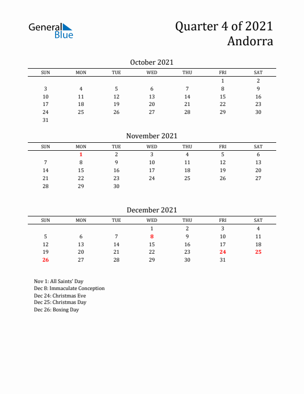 Quarter 4 2021 Andorra Quarterly Calendar