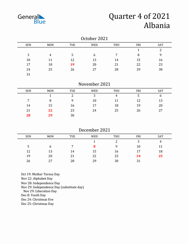 Quarter 4 2021 Albania Quarterly Calendar