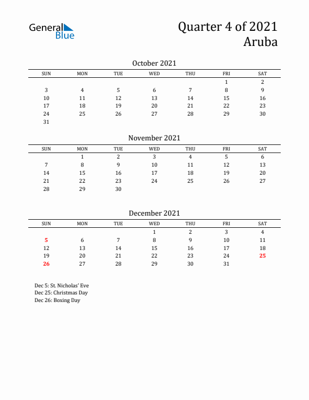 Quarter 4 2021 Aruba Quarterly Calendar