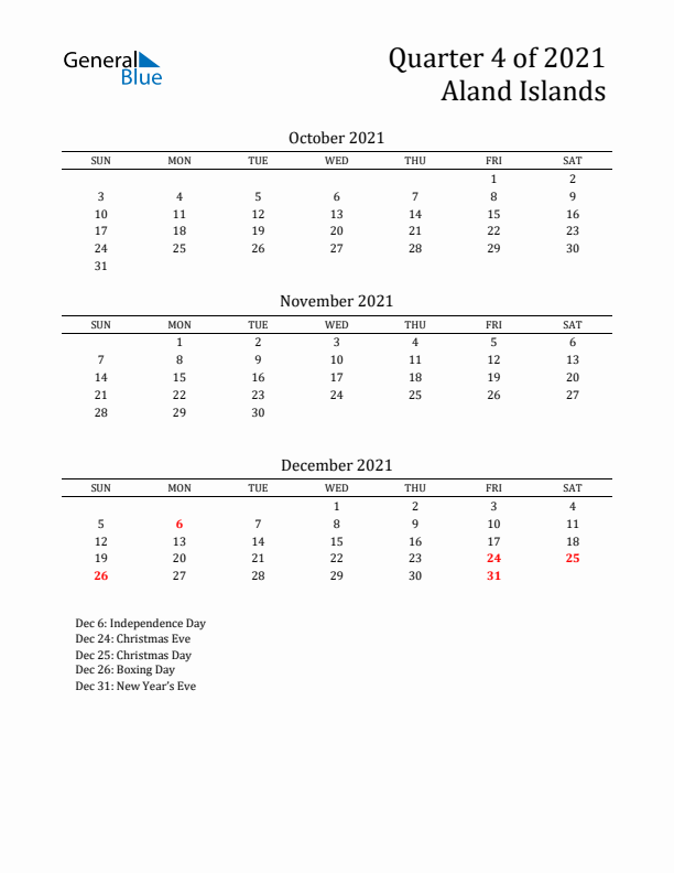 Quarter 4 2021 Aland Islands Quarterly Calendar