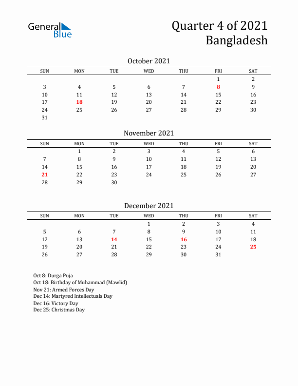 Quarter 4 2021 Bangladesh Quarterly Calendar