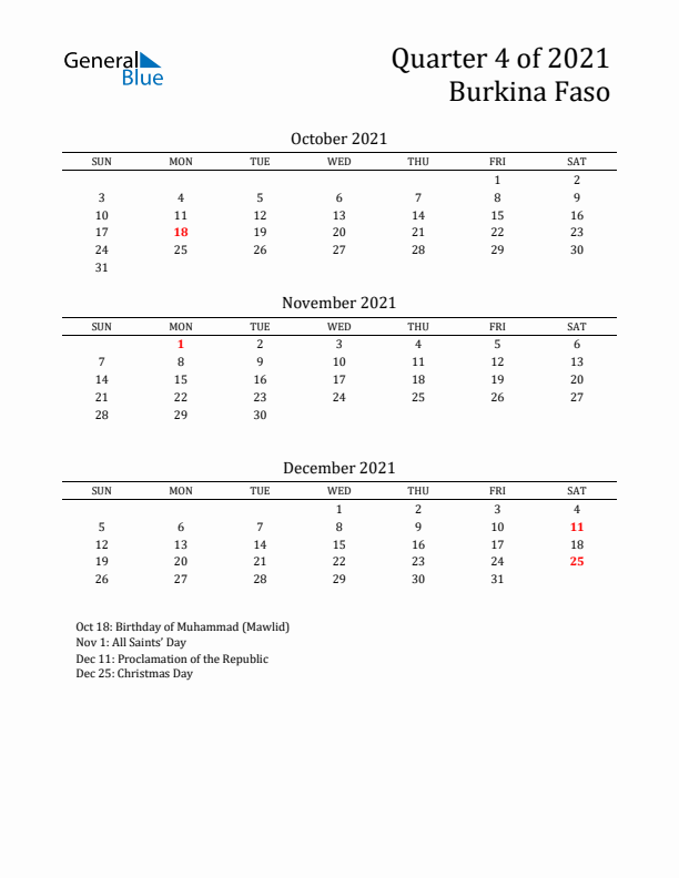 Quarter 4 2021 Burkina Faso Quarterly Calendar