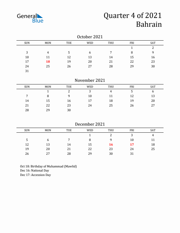 Quarter 4 2021 Bahrain Quarterly Calendar