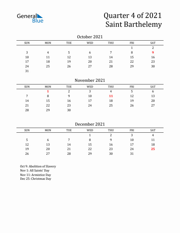 Quarter 4 2021 Saint Barthelemy Quarterly Calendar