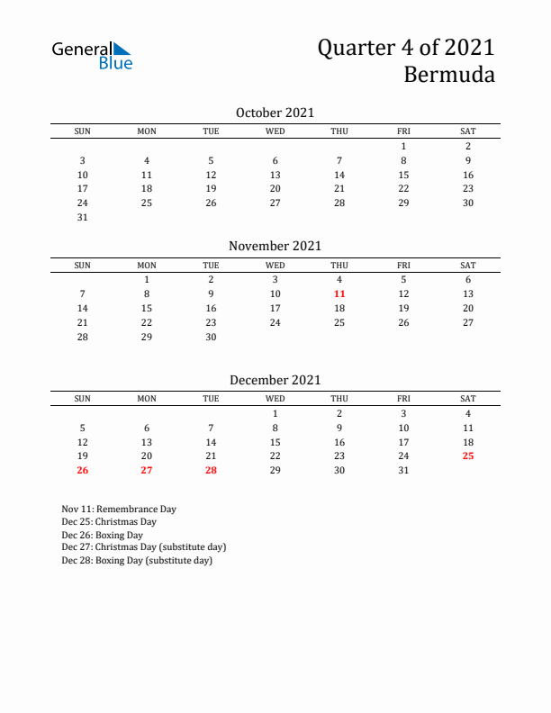 Quarter 4 2021 Bermuda Quarterly Calendar