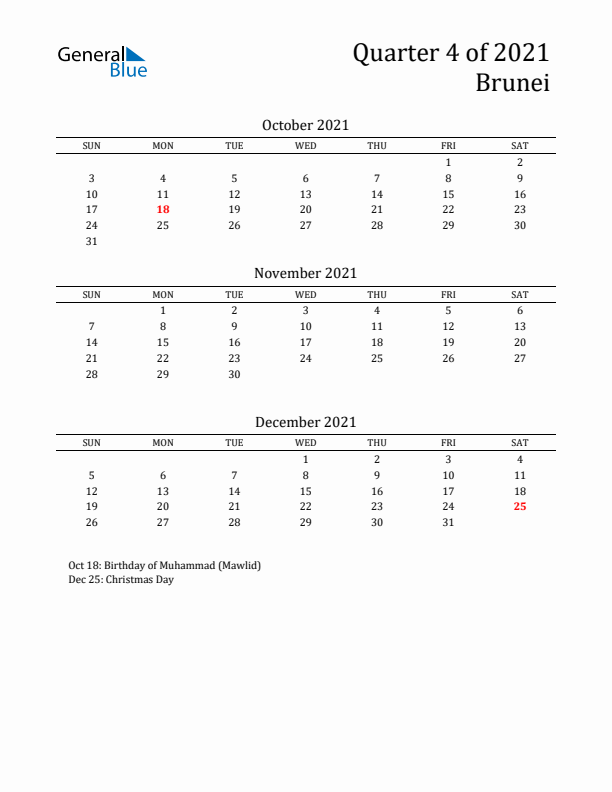 Quarter 4 2021 Brunei Quarterly Calendar