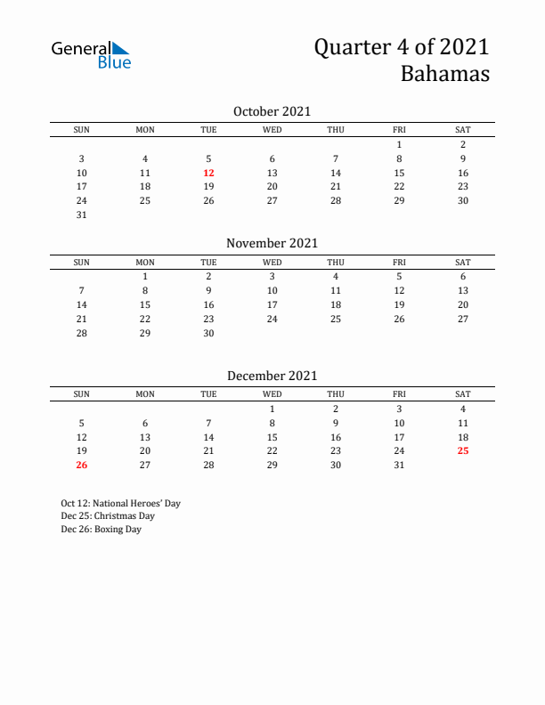 Quarter 4 2021 Bahamas Quarterly Calendar