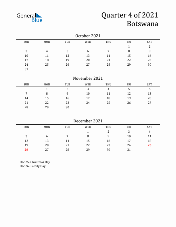 Quarter 4 2021 Botswana Quarterly Calendar