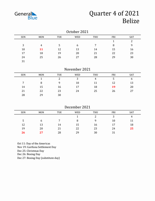 Quarter 4 2021 Belize Quarterly Calendar