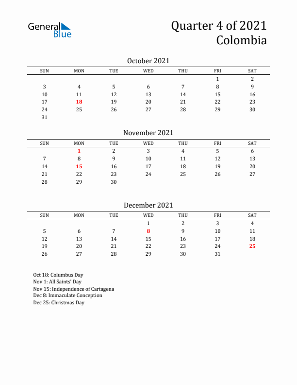 Quarter 4 2021 Colombia Quarterly Calendar