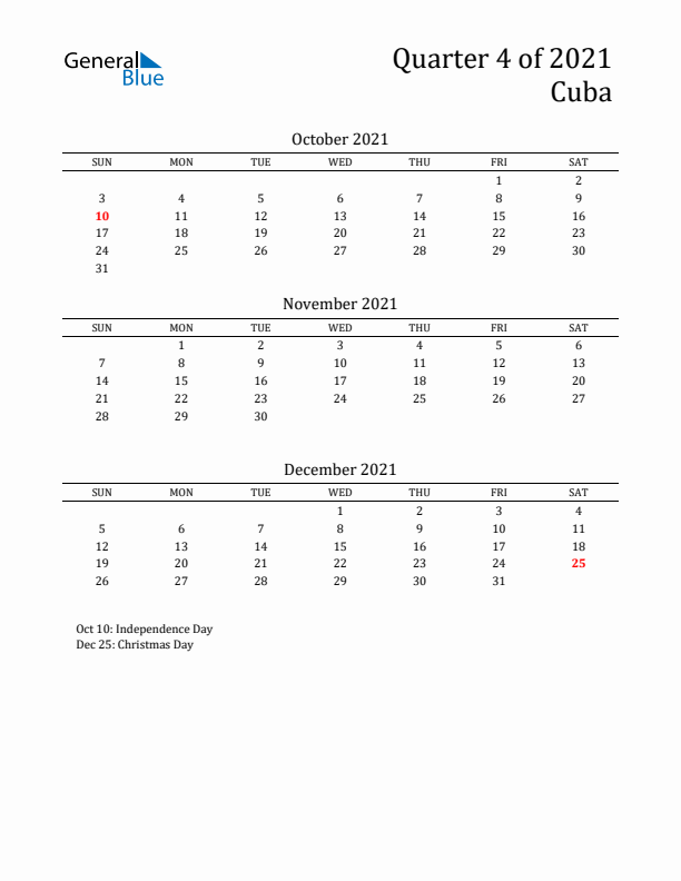 Quarter 4 2021 Cuba Quarterly Calendar