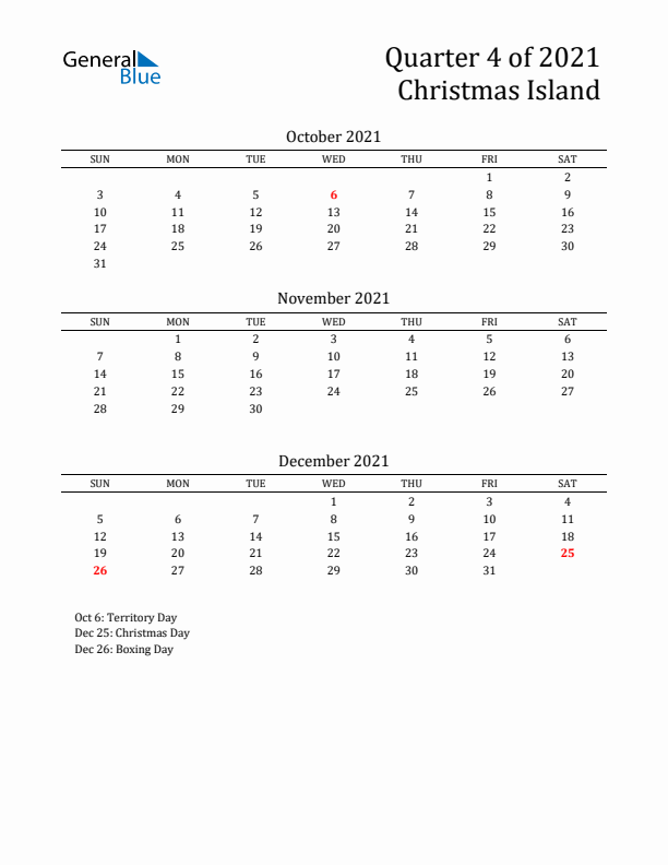 Quarter 4 2021 Christmas Island Quarterly Calendar