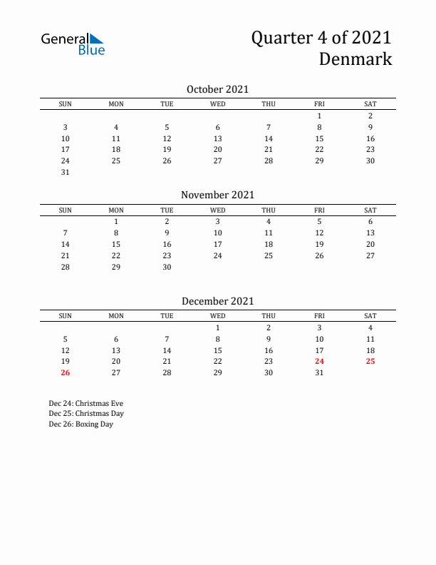 Quarter 4 2021 Denmark Quarterly Calendar