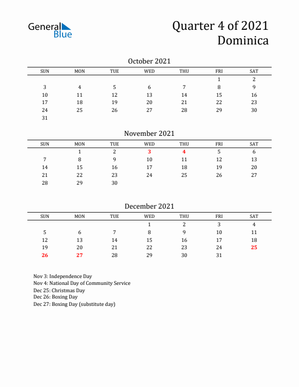 Quarter 4 2021 Dominica Quarterly Calendar