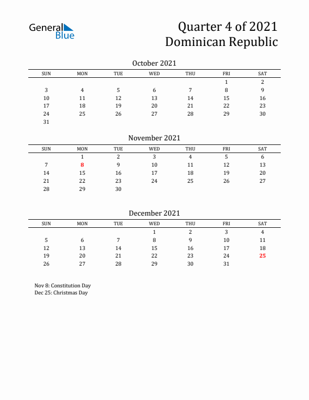 Quarter 4 2021 Dominican Republic Quarterly Calendar