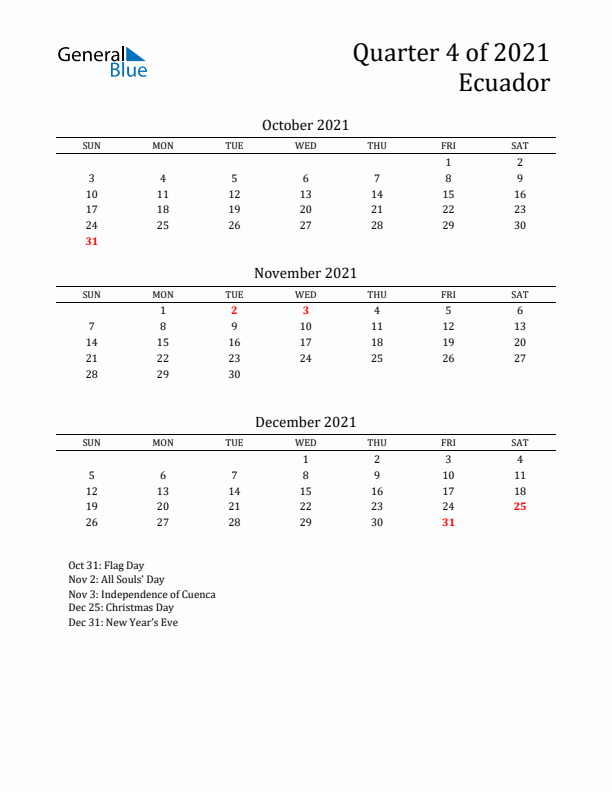 Quarter 4 2021 Ecuador Quarterly Calendar