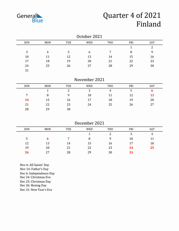 Quarter 4 2021 Finland Quarterly Calendar