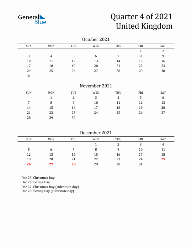 Quarter 4 2021 United Kingdom Quarterly Calendar