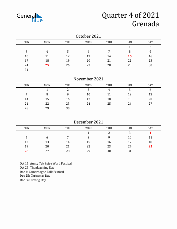 Quarter 4 2021 Grenada Quarterly Calendar