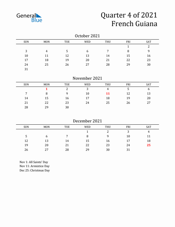 Quarter 4 2021 French Guiana Quarterly Calendar