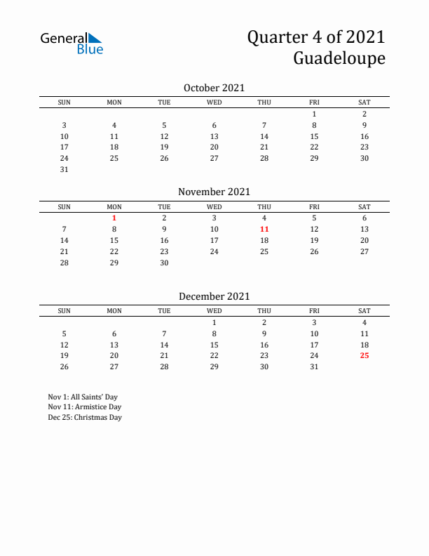 Quarter 4 2021 Guadeloupe Quarterly Calendar