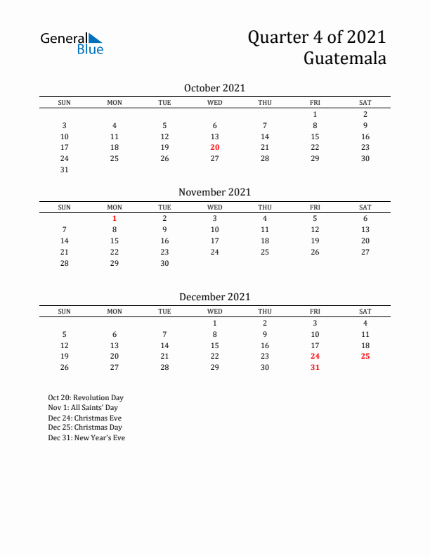 Quarter 4 2021 Guatemala Quarterly Calendar