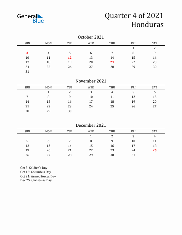 Quarter 4 2021 Honduras Quarterly Calendar