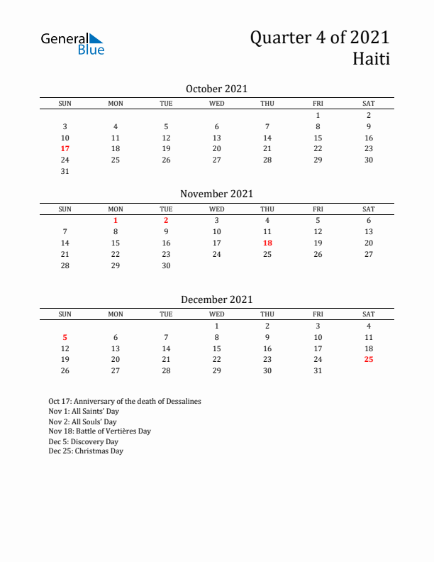 Quarter 4 2021 Haiti Quarterly Calendar