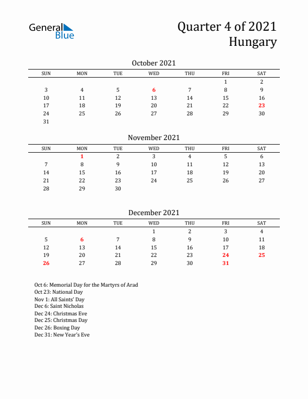 Quarter 4 2021 Hungary Quarterly Calendar