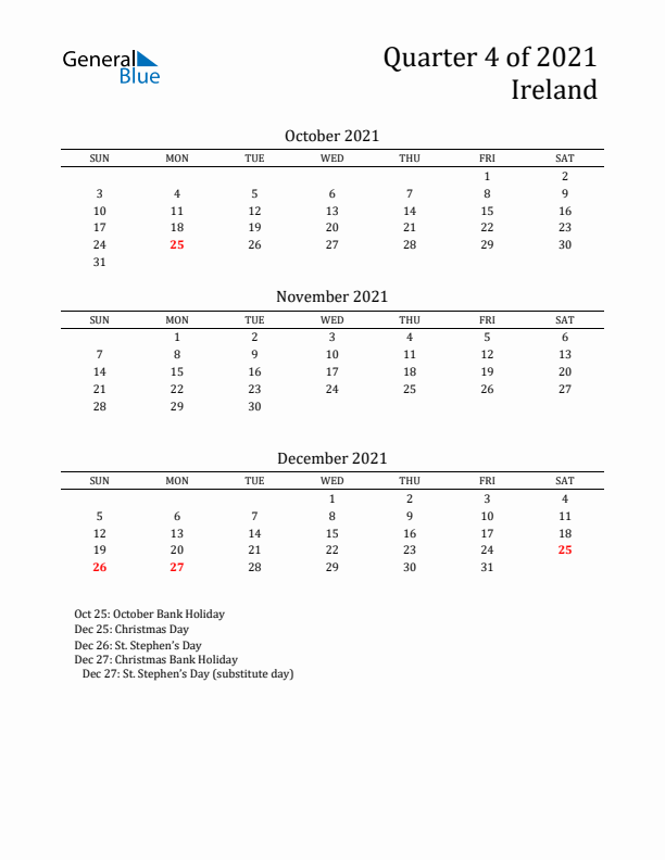 Quarter 4 2021 Ireland Quarterly Calendar