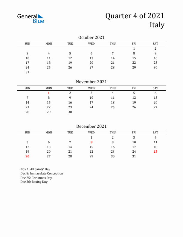 Quarter 4 2021 Italy Quarterly Calendar