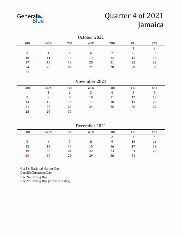 Quarter 4 2021 Jamaica Quarterly Calendar