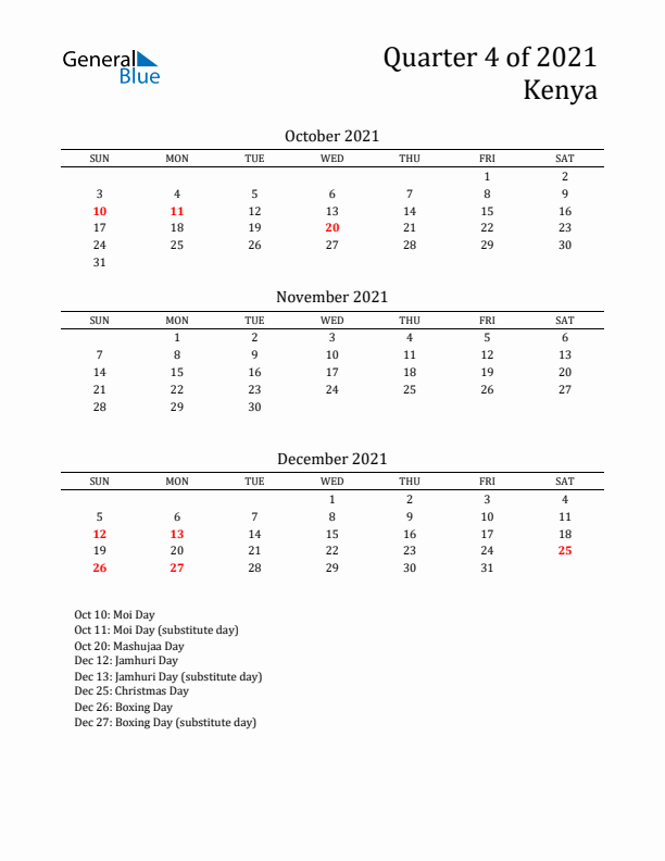 Quarter 4 2021 Kenya Quarterly Calendar