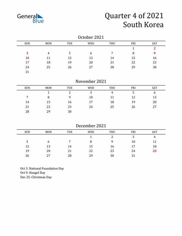 Quarter 4 2021 South Korea Quarterly Calendar