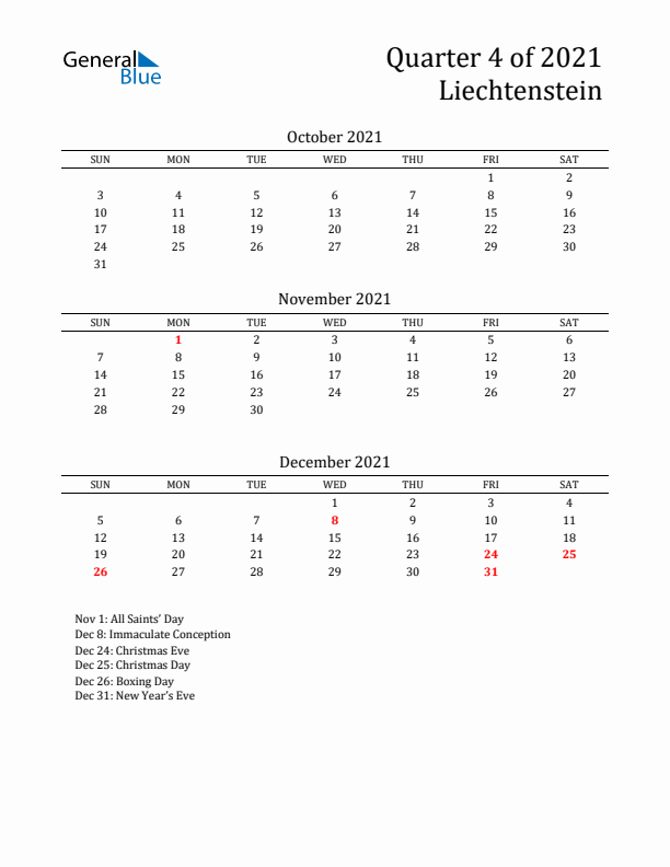 Quarter 4 2021 Liechtenstein Quarterly Calendar