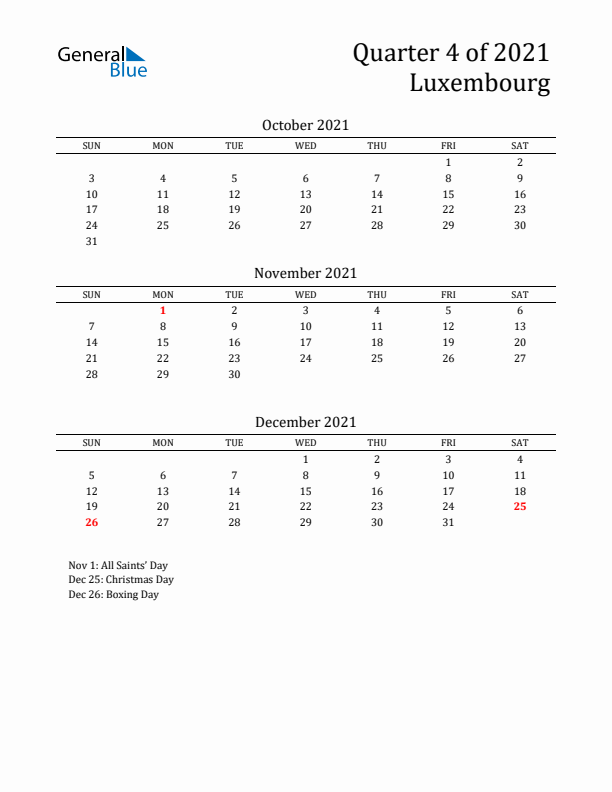 Quarter 4 2021 Luxembourg Quarterly Calendar