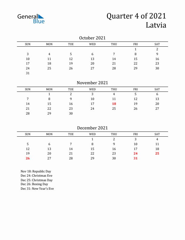 Quarter 4 2021 Latvia Quarterly Calendar