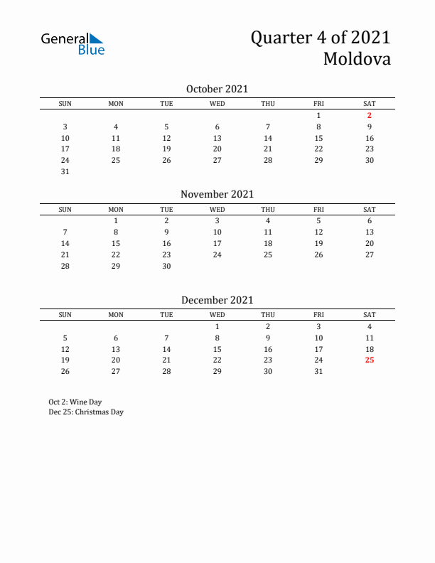 Quarter 4 2021 Moldova Quarterly Calendar