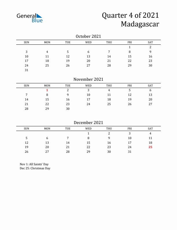 Quarter 4 2021 Madagascar Quarterly Calendar