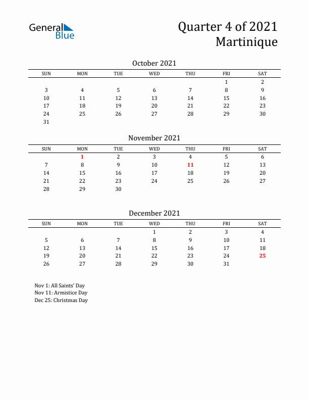 Quarter 4 2021 Martinique Quarterly Calendar