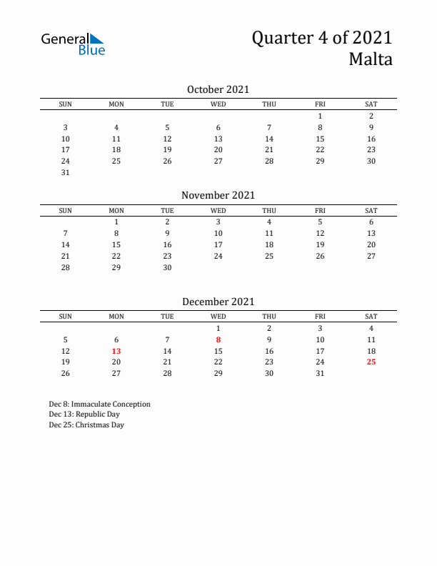 Quarter 4 2021 Malta Quarterly Calendar