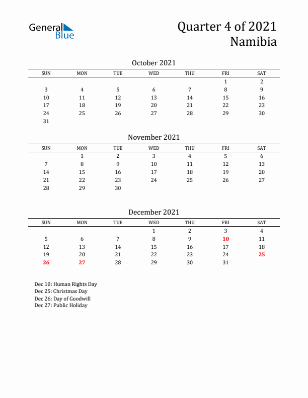 Quarter 4 2021 Namibia Quarterly Calendar